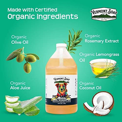 VERMONT SOAP Organics Pet Shampoo - Infused with Organic & Natural Olive Oil, Coconut & Aloe Vera Dog Shampoo for Sensitive Skin - USDA Certified Grooming Pet Shampoo - Original Citrus (64oz)