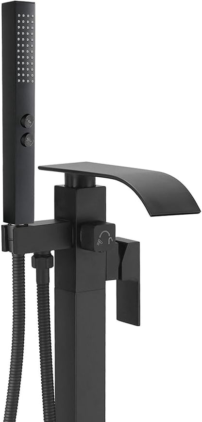 BESy Tub Filler Freestanding Bathtub Faucet Matte Black Floor Mount Tub Faucet Waterfall Free Standing Bathtub Filler High Flow Brass Bath Shower Faucets with Handheld Sprayer