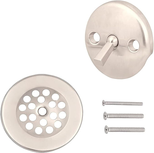 Trip Lever Bathtub Drain Kit with Strainer – 2-Hole Overflow Faceplate, Matching Screws – Tub Drain Trim Replacement Set for Bathroom Bathtubs