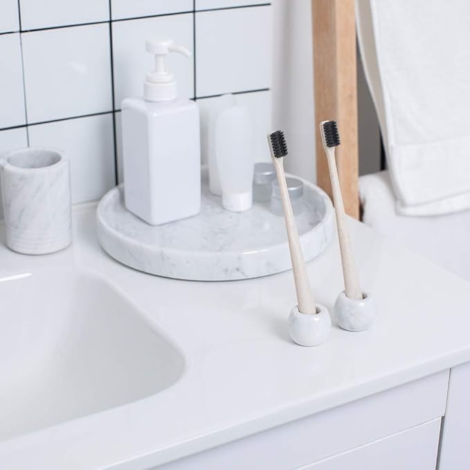 Marble Mini Toothbrush Holder Stand for Bathroom - 2 Pack Divided Tooth Brushing Holder -Electric Tooth Brush Head Holder Razors Holder for Countertops Organizer