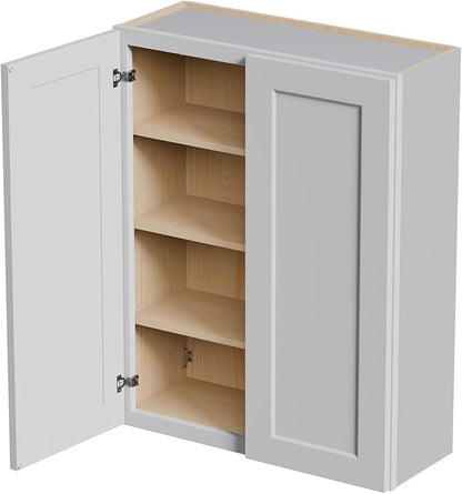 33 Inch Laundry Room Cabinets Wall Mounted, Solid Wood Over The Toilet Storage Cabinet, Bathroom Organizer Cabinets with 2 Door & 3 Shelves, Easy to Assemble for Kitchen, Garage - Light Gray