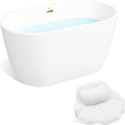 FerdY 47" Bali Acrylic Freestanding Bathtub with Headrest, Gracefully Shaped Soaking Bathtub, cUPC Certified, Toe-Tap Polished Gold Drain& Minimalist Linear Design Overflow& Bath Pillow Included