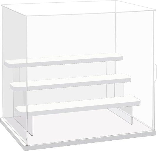 Choowin 4 Tier Clear Acrylic Display Case for Collectibles, Mini Figures, Pop Mart, Labubu, Sonny Angel, Smiski - Assemble Dustproof Acrylic Display Box with Door, Stand (White Base Step)