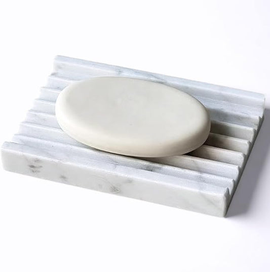 Marble Soap Dish - Soap Dish for Shower, Shower Bar Soap Holder, Stone Soap Container for Marble Bathroom Accessories, Decorative Dish with Drainage (Calacatta White, Rectangular)