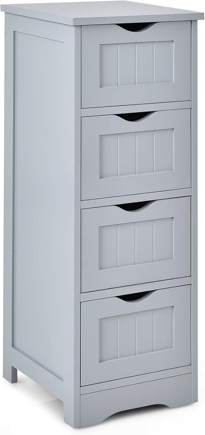 Tangkula Bathroom Floor Cabinet with 4 Drawers, Wooden Storage Cabinet w/Anti-Tipping Device, Freestanding Side Cabinet for Bathroom Home Office, 12 x 12 x 32.5 Inch (Grey, 4 Drawers)