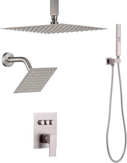 VEVOR Shower Faucet Set, 10 Inch Ceiling Mount Rainfall Shower System with 6 Inch Wall Mount Head and 2 in 1 Handheld Spray, Rotatable 3-Function Dual Rain Head Brass Valve & Trim Kit, Brushed Nickel
