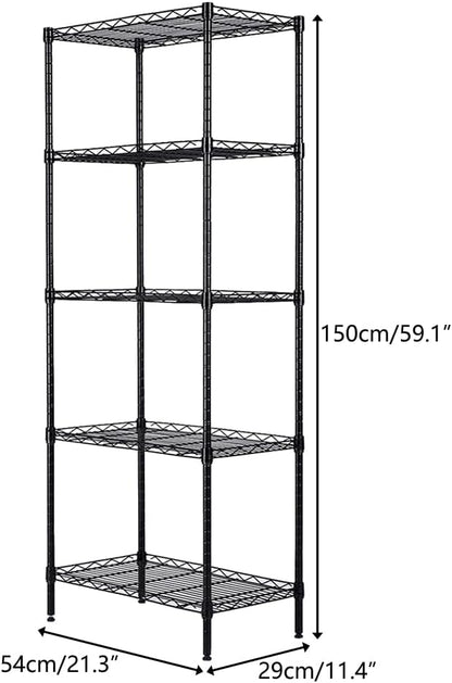5 Tier Storage Racks Shelving, Heavy Steel Pantry Shelves, Adjustable Wire Shelving Rack, Suitable for Garage, Kitchen, Bathroom, Office, 21" W x 11.4" D x 59" H, Black