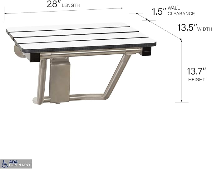 28" x 15" Phenolic White 3” Slats Folding Wall Mount Shower Seat Bench, ADA Compliant