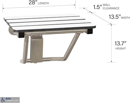 28" x 15" Phenolic White 3” Slats Folding Wall Mount Shower Seat Bench, ADA Compliant