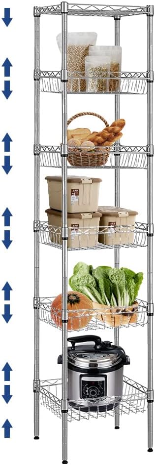 BNSPLY 6 Tier Wire Shelving Unit with Baskets Shelving, Height Adjustable Wire Shelves, Metal Storage Rack for Kitchen, Bathroom, Laundry Closet (13.5" D x 13.5" W x 63" H, Silver)