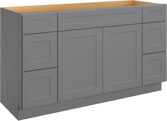 ROOMTEC 60'' Shaker Gray Bathroom Vanity Cabinet with 6 Drawers and 2 Doors, Soft-Close Hinge and Drawer Slides, 144 Pounds, 60"W x 34.5"H x 21"D