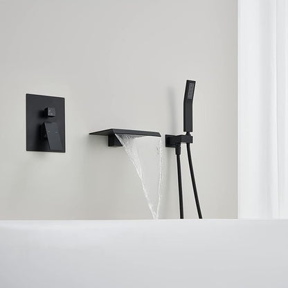 Wall Mount Tub Filler Waterfall Tub Faucet Black Bathtub Faucet Brass Single Handle Bathroom Faucet with Hand Shower