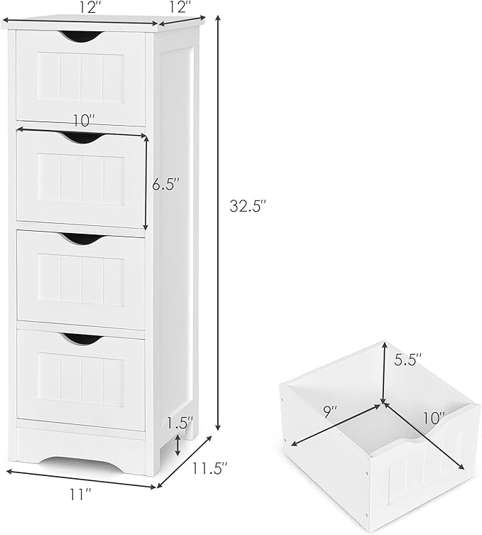 Tangkula Floor Cabinet Wooden Storage Cabinet Home Office Living Room Bathroom Side Table Sturdy Modern 4 Drawers Cabinet Organizer Bedroom Night Stand, White (12 x 12 x 32)