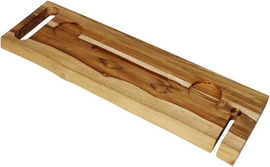 EcoDecors Eleganto 30" Live Edge Solid Teak Bath Caddy Tray with Handle, Book & Tablet Holder, Wine Glass Holders, Luxury Bathtub Tray