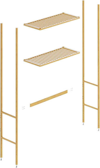 2 Tier Over The Toilet Organizer Rack Bamboo, Freestanding Bathroom Toilet Storage Shelf, Space Saving and Easy to Install, Adjustable Feet, Adjustable Bottom Rod