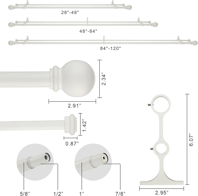 Double Curtain Rod 48 to 84 inch, Adjustable 1 inch Double Drapery Rod Rods for Windows and Doors with Ball Round Finials and Premium Aluminum Brackets Set(48-84",Matte White)