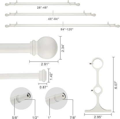 Double Curtain Rod 48 to 84 inch, Adjustable 1 inch Double Drapery Rod Rods for Windows and Doors with Ball Round Finials and Premium Aluminum Brackets Set(48-84",Matte White)