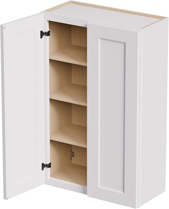 27 Inch Laundry Room Cabinets Wall Mounted, Solid Wood Over The Toilet Storage Cabinet, Bathroom Organizer Cabinets with 2 Shaker Door & 3 Shelves, Easy to Assemble for Kitchen, Garage - White