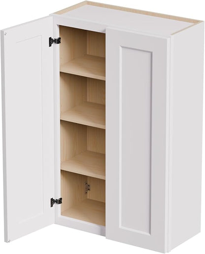 27 Inch Laundry Room Cabinets Wall Mounted, Solid Wood Over The Toilet Storage Cabinet, Bathroom Organizer Cabinets with 2 Shaker Door & 3 Shelves, Easy to Assemble for Kitchen, Garage - White