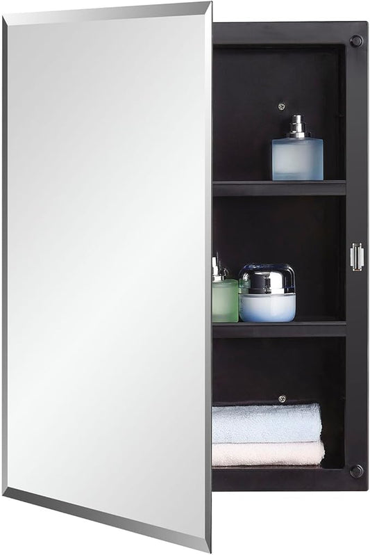 Black Plastic Bathroom Medicine Mirror Cabinet Beveled Edge, 16 x 20 inch, Surface and Recessed Mount