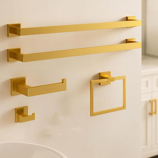 5-Piece Bathroom Hardware Set， Brushed Gold Bathroom Accessories 304 Stainless Steel， Including 23.8 inch Bath Towel Bar*2, Double Towel Hook, Toilet Paper Holder, and Towel Ring