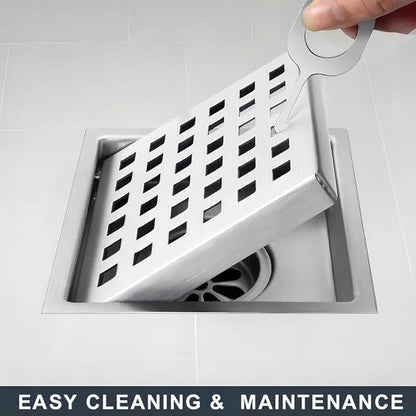 6 Inch Square Shower Floor Drain, Stainless Steel Flange with Removable Grid Cover Hair Strainer, Brushed Nickel