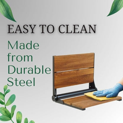 Teak Shower Seat - Contour Wood / Folding Wall Mount Bench for Inside Shower / ADA Safety Assist / 304 Stainless Steel / Matte Black / 26" x 16"