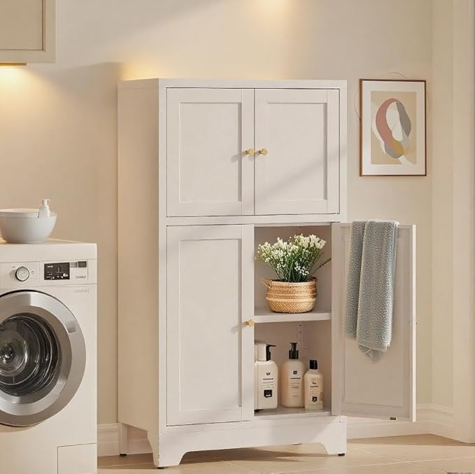 Metal Pantry Cabinet,Tall Kitchen Pantry Storage Cabinet with 4 Doors and 2 Adjustable Shelves,White Freestanding Cupboard Cabinet for Kitchen,Living Room,Dining Room,Home