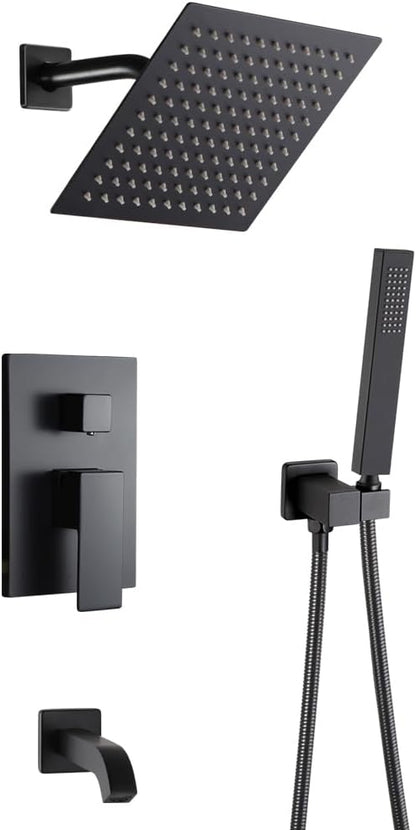POP SANITARYWARE Matte Black Shower Faucet Set with Tub Spout Bathroom Rainfall 8 Inch Shower Head System with Handheld Single Handle Shower Trim Kit with Valve