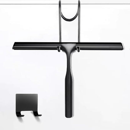 10-Inch Shower Squeegee for Glass Doors, Stainless Steel Shower Squeegee with Shower Door Hook & Adhesive Hook, Multi-Purpose Bathroom Squeegee for Glass, Door, Mirror and Window (Black)