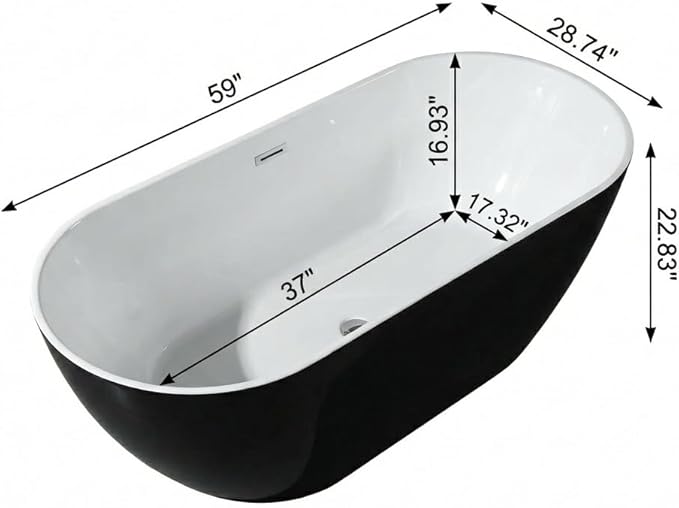 59 Inch Acrylic Freestanding Bathtub, Acrylic Soaking Bathtub with Matte Drain and Overflow, Modern Square Tub, cUPC Certified, Deep Ergonomic Design, Double-Walled Insulation, Easy Installation