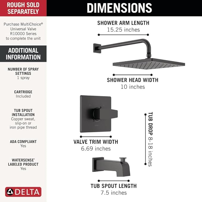 Delta Faucet Modern Raincan Square Single-Function Tub and Shower Trim Kit Black, Tub Faucet Set, Rainfall Shower Head Black, Delta Shower Trim Kit, Matte Black T14468-BL-PP (Valve Not Included)