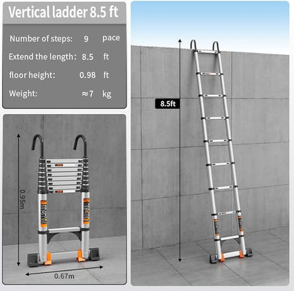 Telescoping Ladder,8.5FT Aluminum Multi-Purpose Collapsible Ladder with Stabilizers and Hooks,Jiashche Portable Extension Ladder for RV or Outdoor Work Silver,330lb Max Capacity