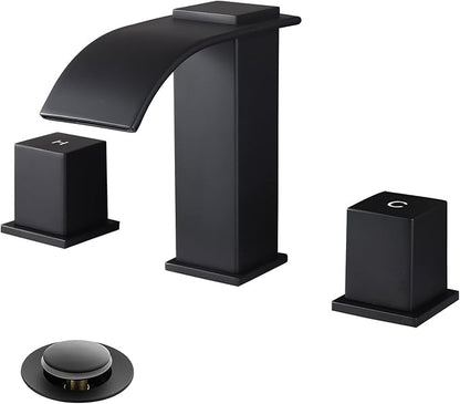 Luxury Brass 8 Inch Spread Modern Widespread Waterfall Bathroom Sink Faucets with Copper Valve for 3 Hole 2-Handle Deck Bathroom Vanity Faucet, &Stainless Steel Pop-up Drain Assembly, Matte Black
