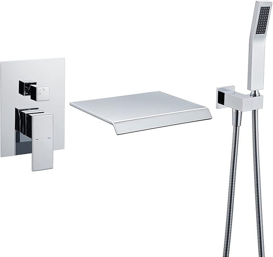 Wall Mount Tub Filler Waterfall Tub Faucet Chrome Bathtub Faucet Brass Single Handle Bathroom Faucet with Hand Shower