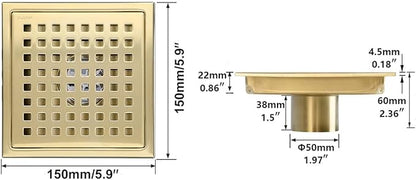 RANDOM Brushed Gold Shower Drain Square 6 Inch Shower Floor Drain with Grid Grate & Removable Hair Strainer 304 Stainless Steel Shower Drain Cover Bathroom Accessories.98738BG