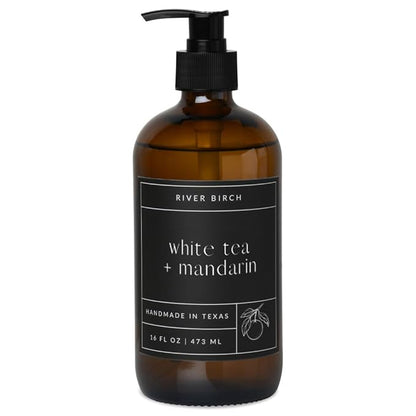 River Birch White Tea + Mandarin Scented Natural Hand Soap - Handmade Soap - Moisturizing Hand Wash with Amber Glass Dispenser - Luxury Scented Hydrating Hand Soap - Vegan and Non-Toxic - 16 Fl Oz