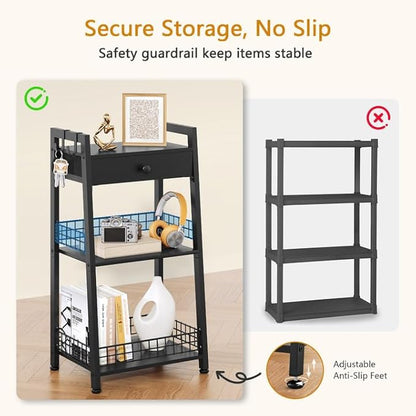 3-Tier Bathroom Ladder Shelf with Drawer, Freestanding Tower Shelf Ladder Bookshelf for Living Room, Bedroom -Black