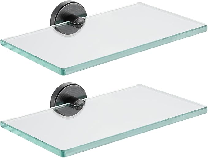 JQK Bathroom Glass Shelf Oil Rubbed Bronze, Tempered Glass Shower Storage 8 by 5 inches, 304 Stainless Steel ORB Wall Mount 2 Pack, TGS101L8-ORB-P2
