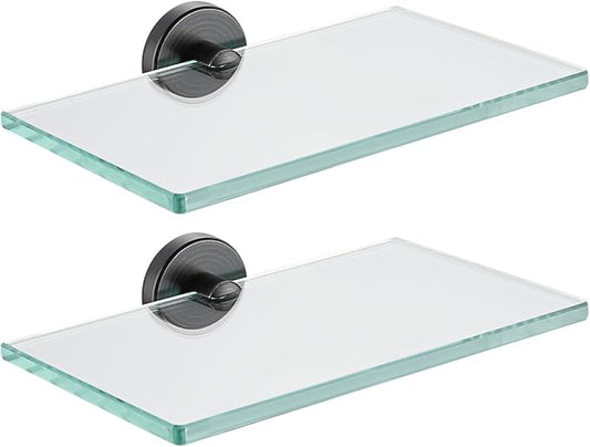 JQK Bathroom Glass Shelf Oil Rubbed Bronze, Tempered Glass Shower Storage 8 by 5 inches, 304 Stainless Steel ORB Wall Mount 2 Pack, TGS101L8-ORB-P2