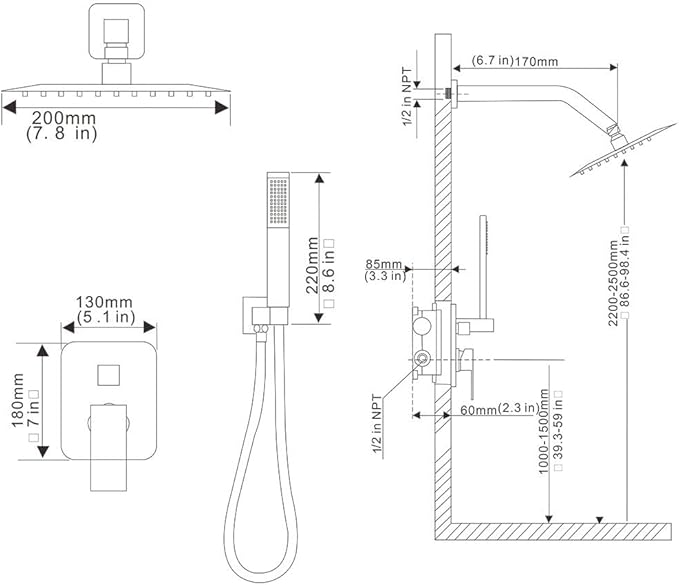 Brushed Gold Shower System, 8 Inch High Pressure Rain Shower with Handheld, Wall Mount Shower Faucet Set for Bathroom, Rough-in Valve Body and Trim Included