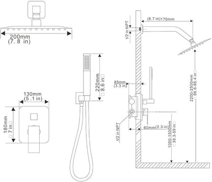 Chrome Shower System, 8 Inch High Pressure Rain Shower with Handheld, Wall Mount Shower Faucet Set for Bathroom, Rough-in Valve Body and Trim Included