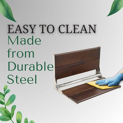 Folding Shower Seat Wall Mounted with Back | 500 lbs Maximum Load Capacity | ADA Compliant Safety Assist Teak Shower Seat for Seniors, Handicapped, and Children | 304 Stainless Steel Frame | 26” x 16”