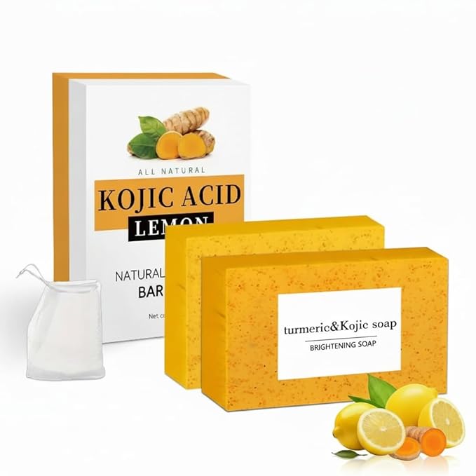 Kojic Acid Soap, Turmeric Soap Bar for Dark Spot Removal, Natural Turmeric Handmade Soaps for Face and Body, Organic Use Skin Care Soaps, Deep Cleans the Skin and Provides More Moisturizing (2Pcs)