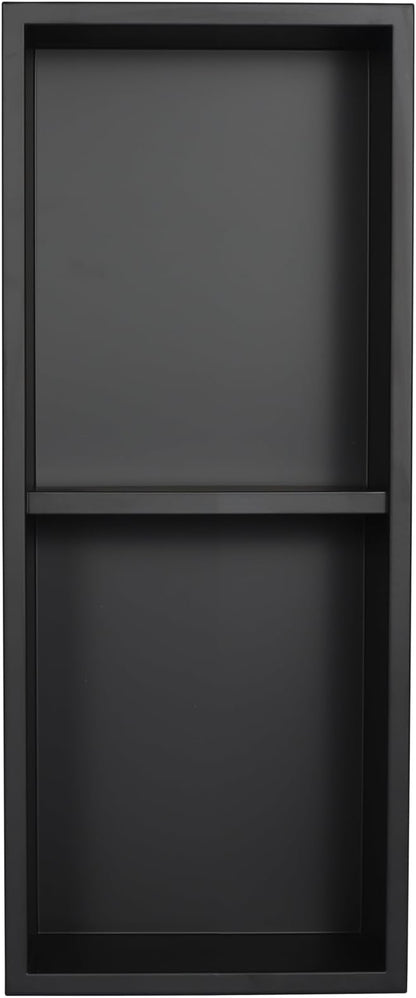Narrow Shower Niche for Tiny Bathroom Storage, No Tile Needed,Recessed Wall Niche, Double Shelves, Stainless Steel, (Black, 24 * 8 in)