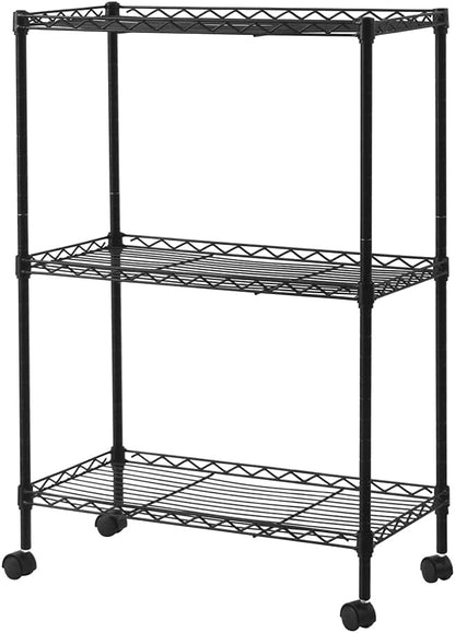 3 Tier Storage Racks Shelving, Heavy Steel Pantry Shelves, Adjustable Wire Shelving Rack with Wheels, Suitable for Garage, Kitchens, Offices, 19.7" W x 9.8" D x 28" H, Black