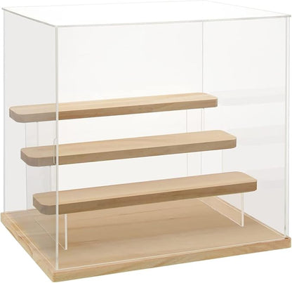Choowin 4 Tier Clear Acrylic Display Case for Collectibles, Mini Figures, Pop Mart, Labubu, Sonny Angel, Smiski - Assemble Dustproof Acrylic Display Box with Door, Stand (Wood Base Step)