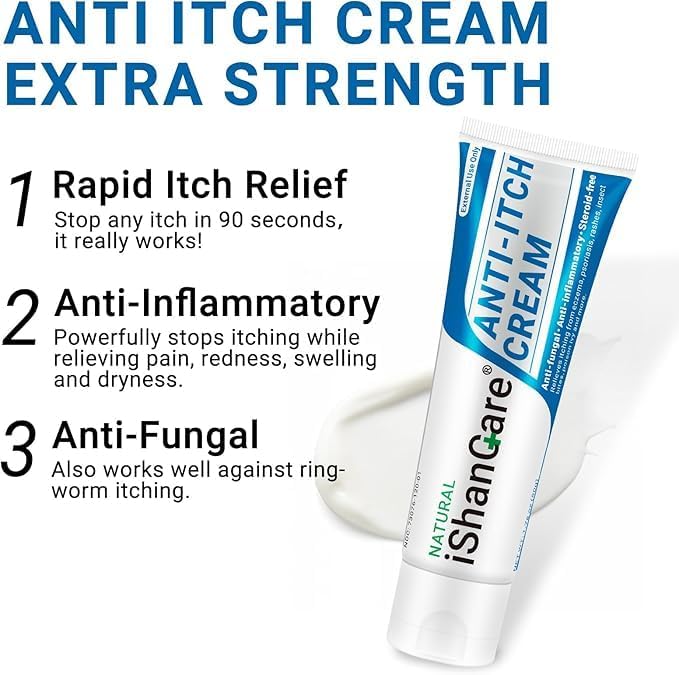 ishancare Anti Itch Soothing Cream Extra Strength Skin Itch Relief Ointment, for Full Body Itching Caused by Seasonal Changes, Dermatitis, Eczema, Rash, Psoriasis, Hives, Bites, Poison Ivy, 1.76 oz