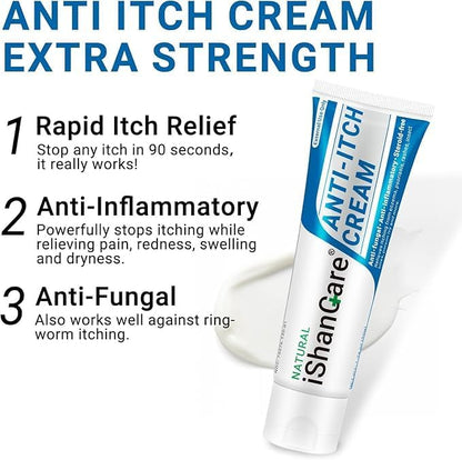 ishancare Anti Itch Soothing Cream Extra Strength Skin Itch Relief Ointment, for Full Body Itching Caused by Seasonal Changes, Dermatitis, Eczema, Rash, Psoriasis, Hives, Bites, Poison Ivy, 1.76 oz