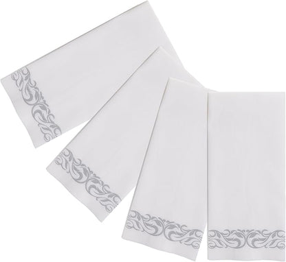 200 Disposable Hand Towels Soft and Absorbent Linen Feel Dinner Napkin Durable Decorative Bathroom Hand Napkins Good for Kitchen, Parties, Weddings, Dinners or Events White and Silver